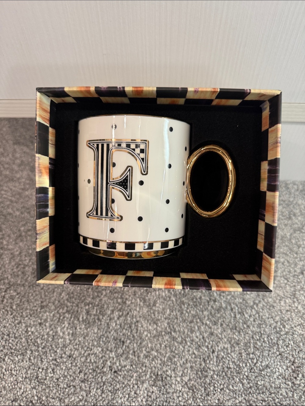 MacKenzie-Childs White Polka Dot Mug with Gold Handle and Monogram F